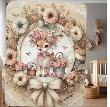 Cute deer with flower crown and pink bow surrounded by pastel flowers and birds. Soft, whimsical nursery setting. Signature on blanket.