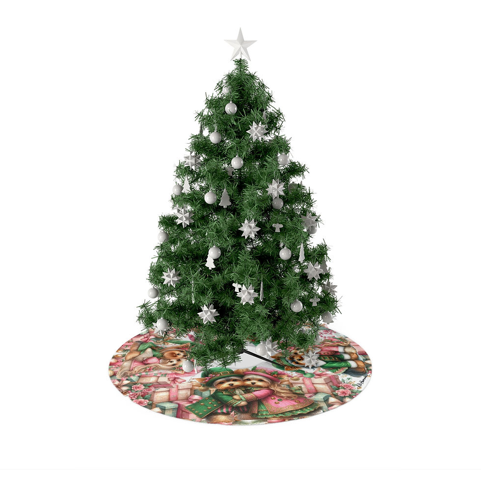 Yorkie Christmas Tree Skirt (Pink Elves) - Fleece and super soft, 44" Diameter