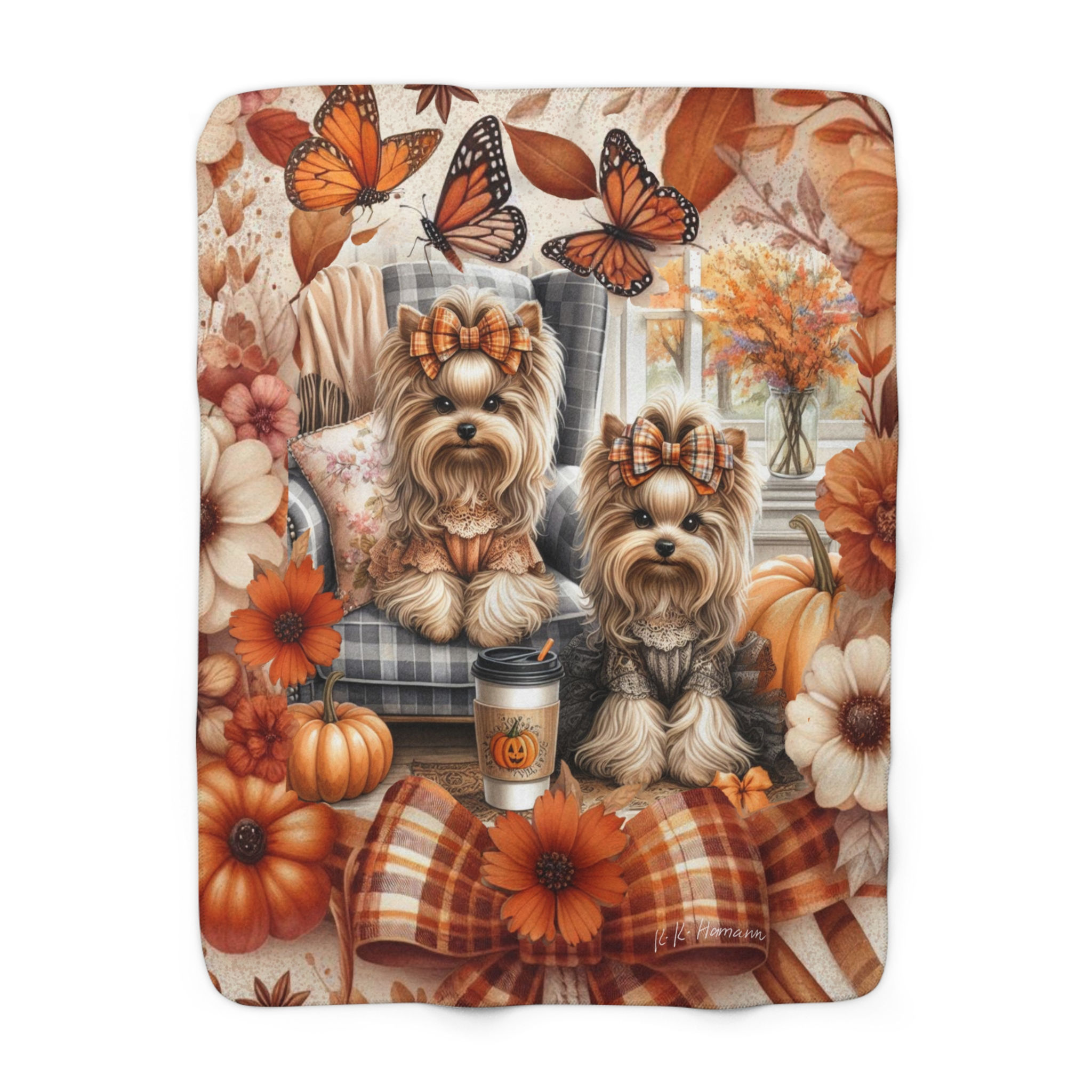 Yorkie - "Pumpkins" -Sherpa Blanket - Super Soft