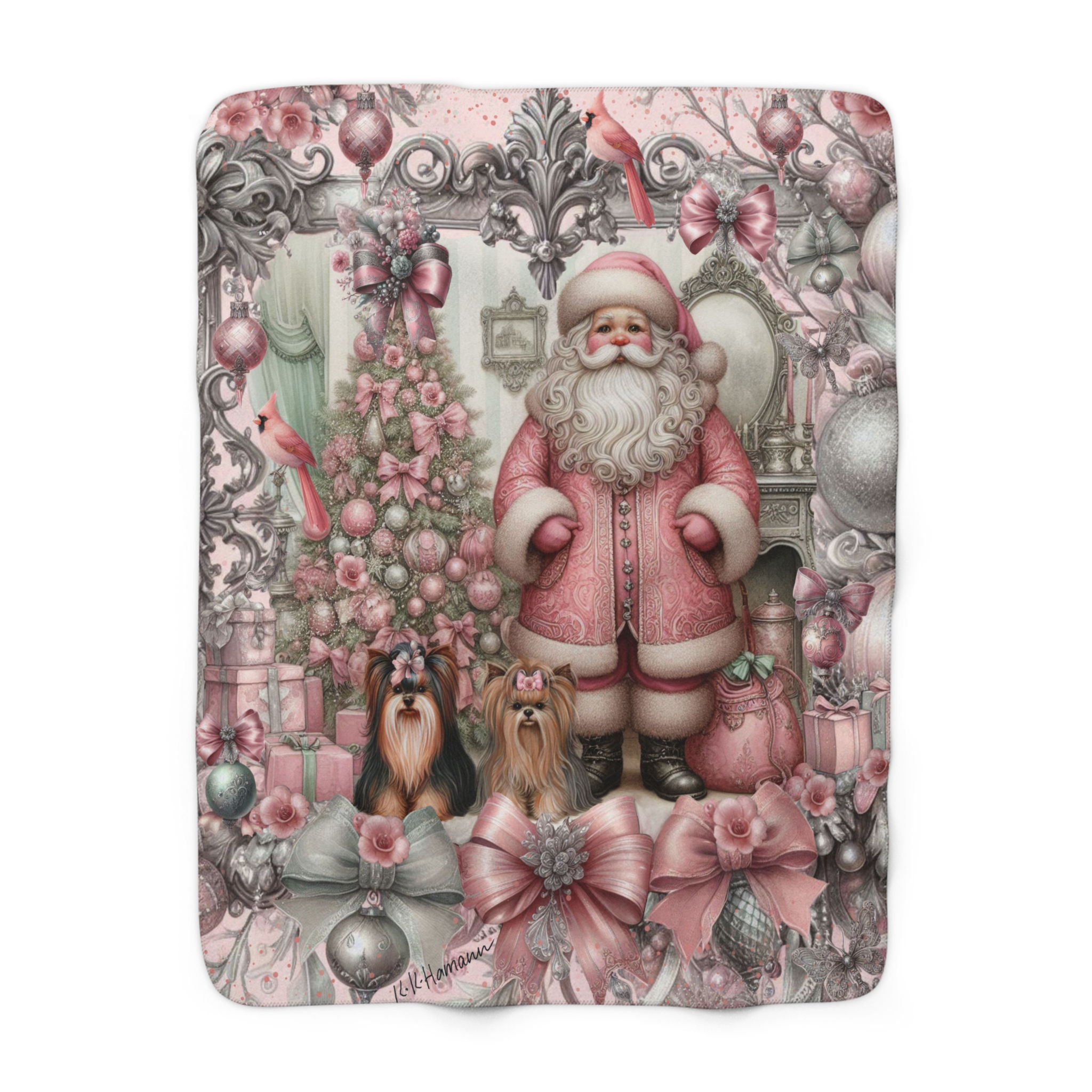 Yorkie  - "Silver and Pink Santa"  -Sherpa Blanket - Super Soft