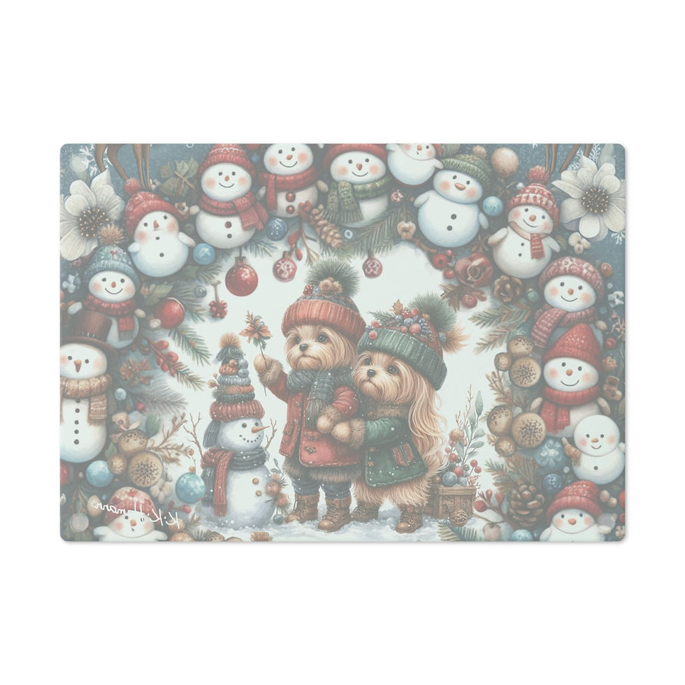 Thumbnail: Yorkie Scandi Snowmen Collection Custom Glass Cutting Board, Two Sizes