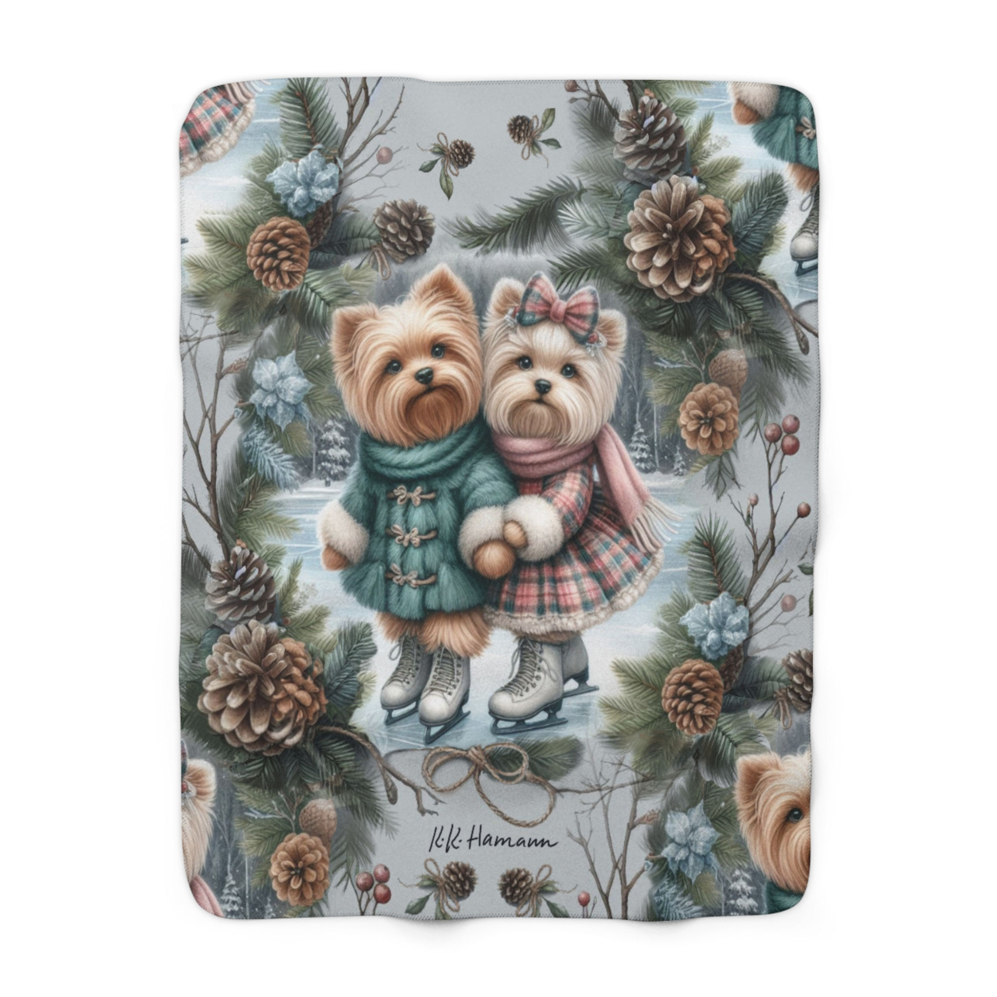 Yorkie  - "Ice Skaters on a Date"  -Sherpa Fleece Blanket - Super Soft