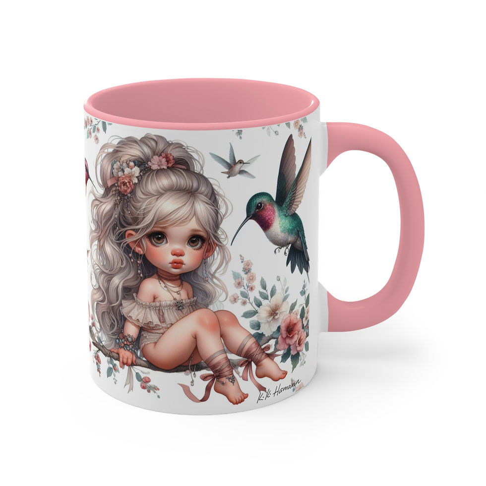 Thumbnail: Red Throated Hummingbird  Fairy   "Birdies and Fairies "  Art Mug 