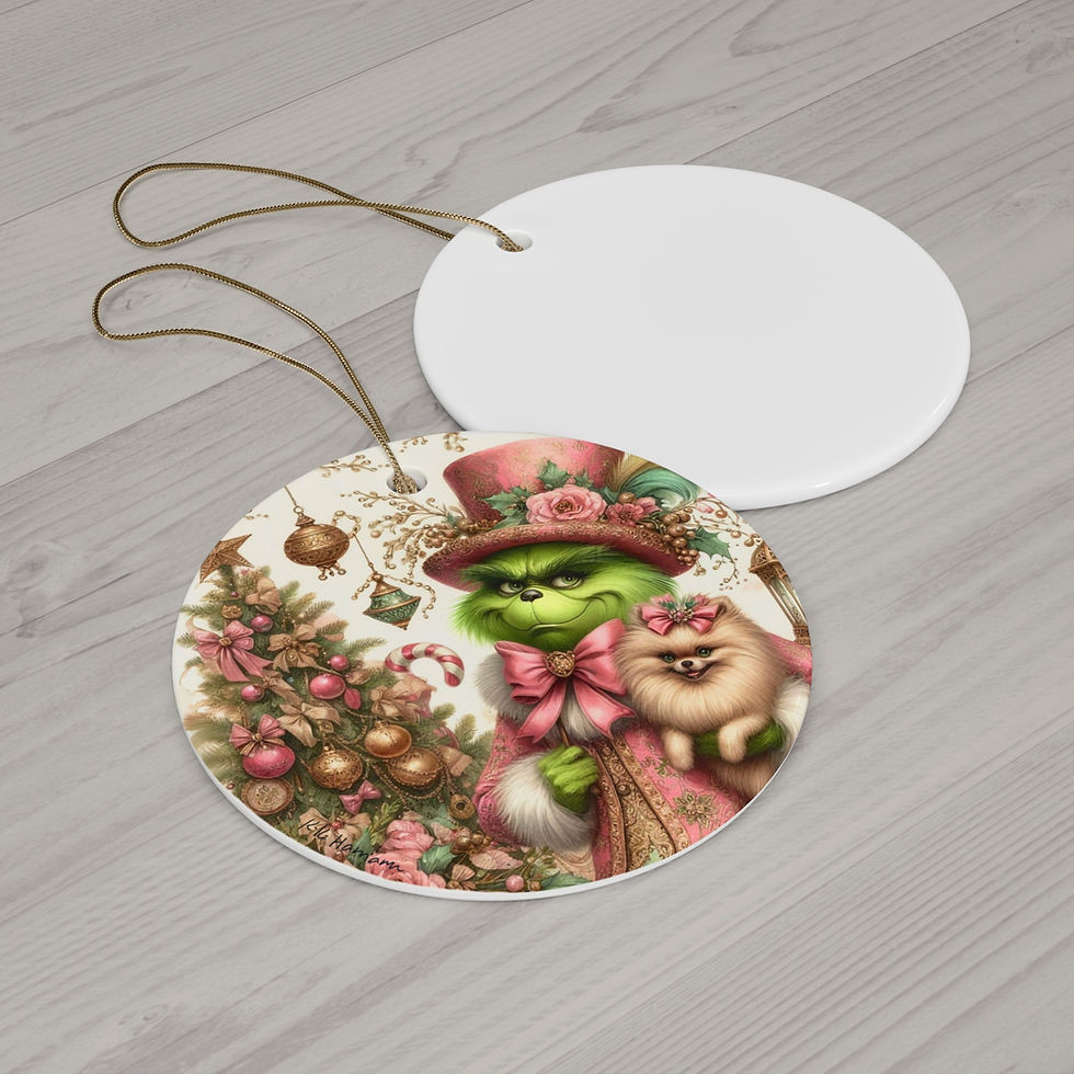 Thumbnail: Pomeranian "Grinch", ceramic circle ornament
