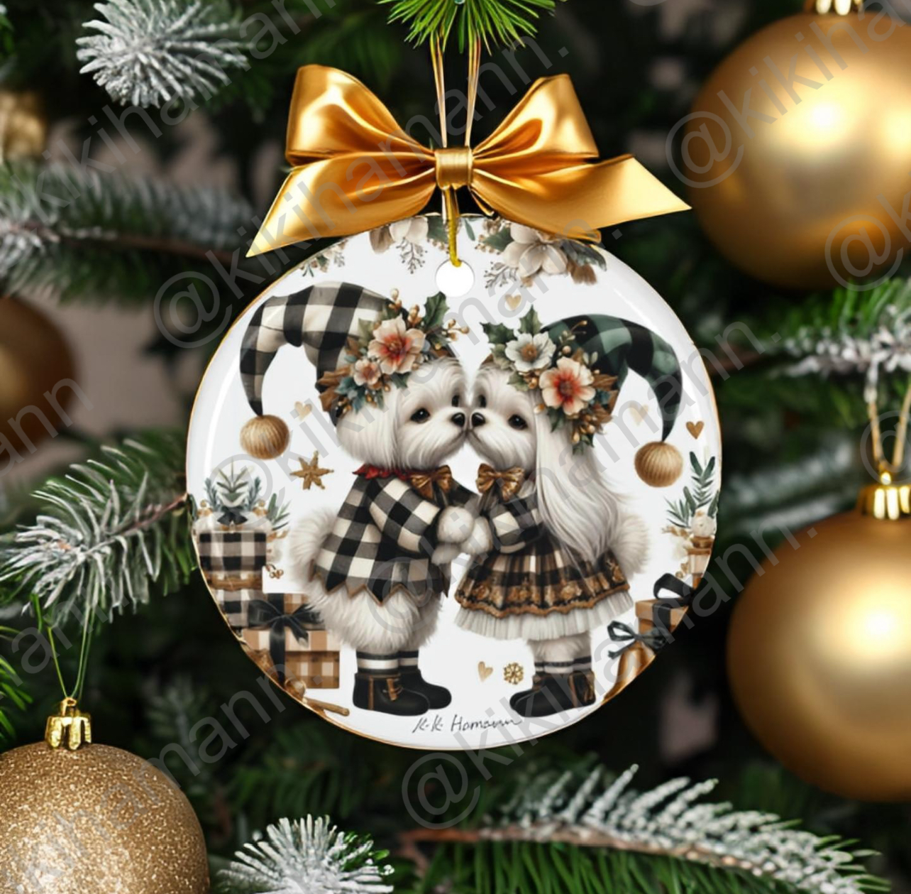 Maltese 6 "Farmhouse Elves", ceramic circle ornament
