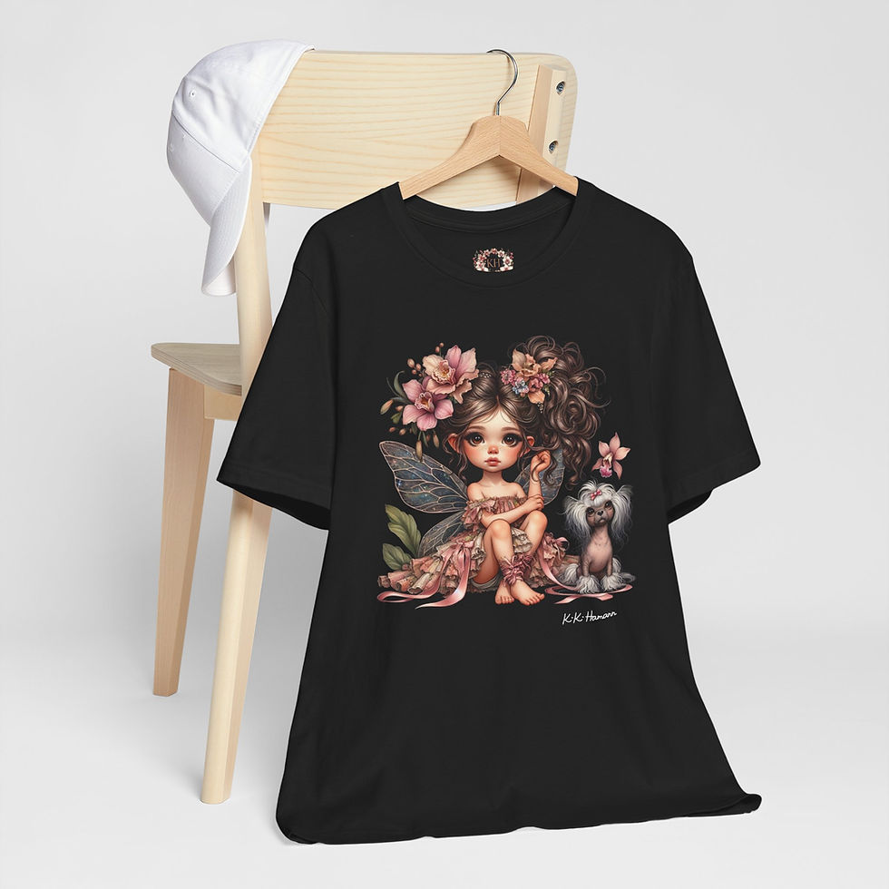 Thumbnail: Chinese Crested and Orchid Fairy,  Little Black Shirt, -"Boyfriend Tshirt Style"