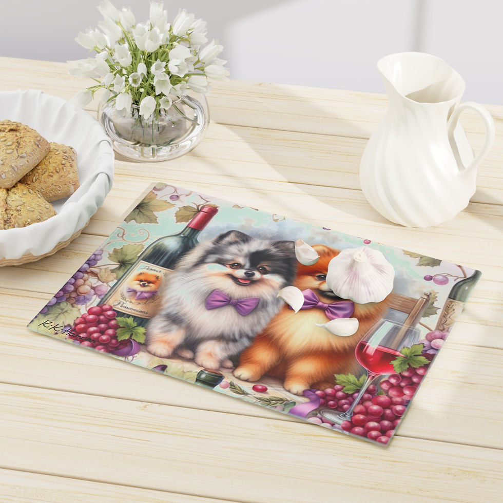 Thumbnail: Pomeranians in Vineyards (Merle and Red) -  Cutting Board (glass) 