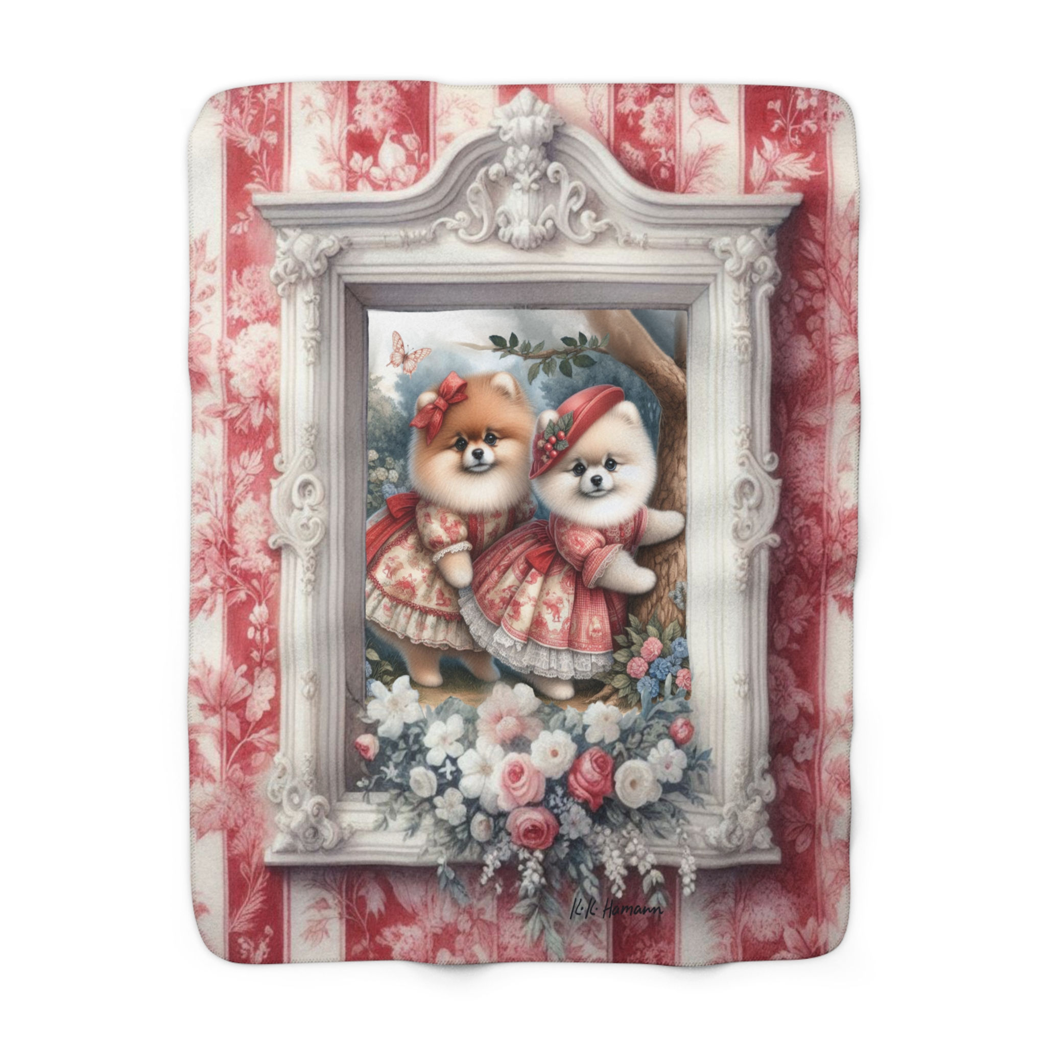 Pomeranian  - "Toile de Jouy"  -Sherpa Blanket - Super Soft