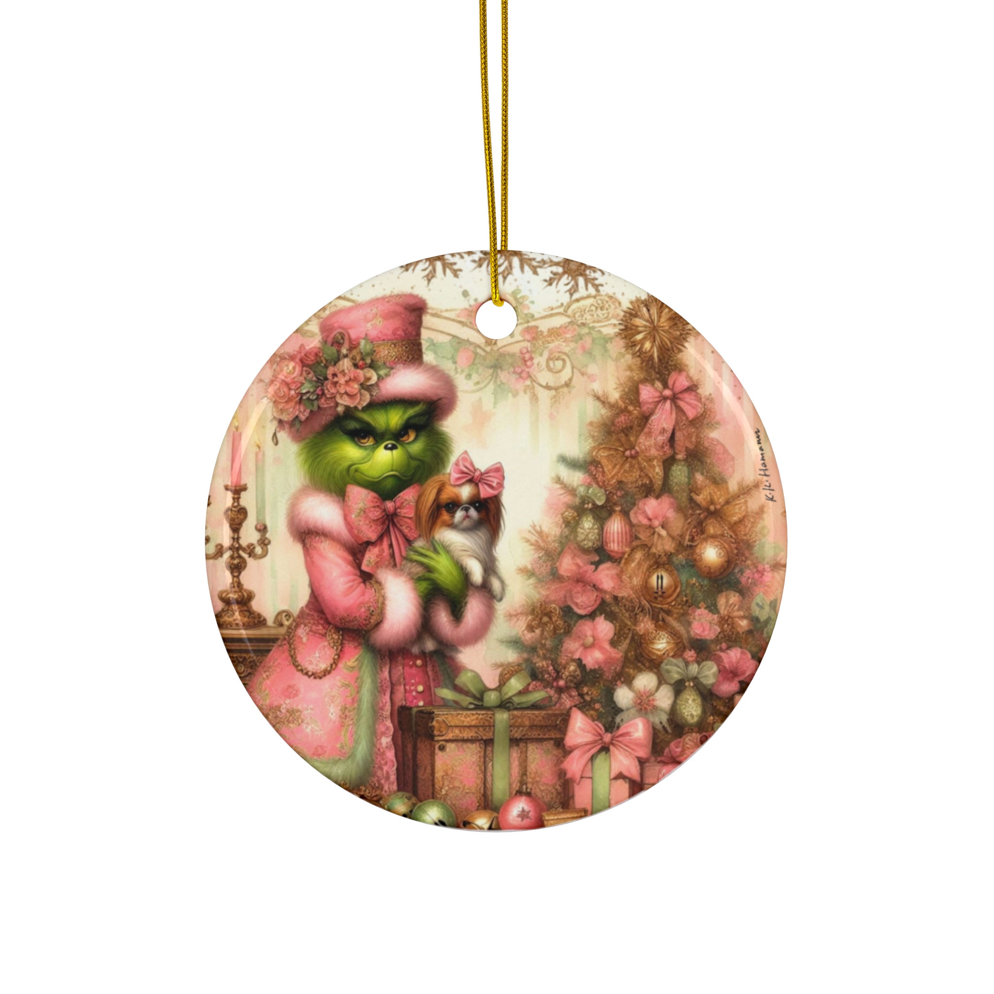 Japanese Chin "Grinch", ceramic circle ornament