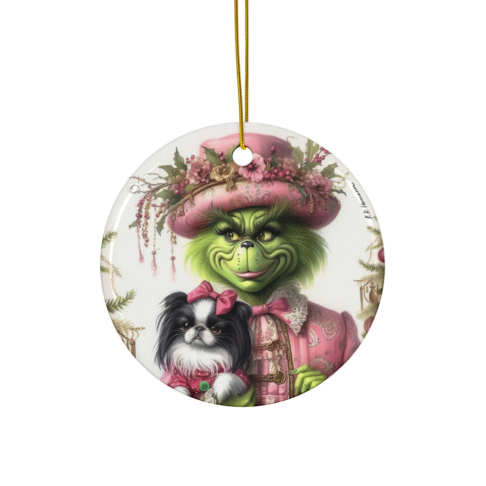 Japanese Chin (Black and White) "Grinch", ceramic circle ornament