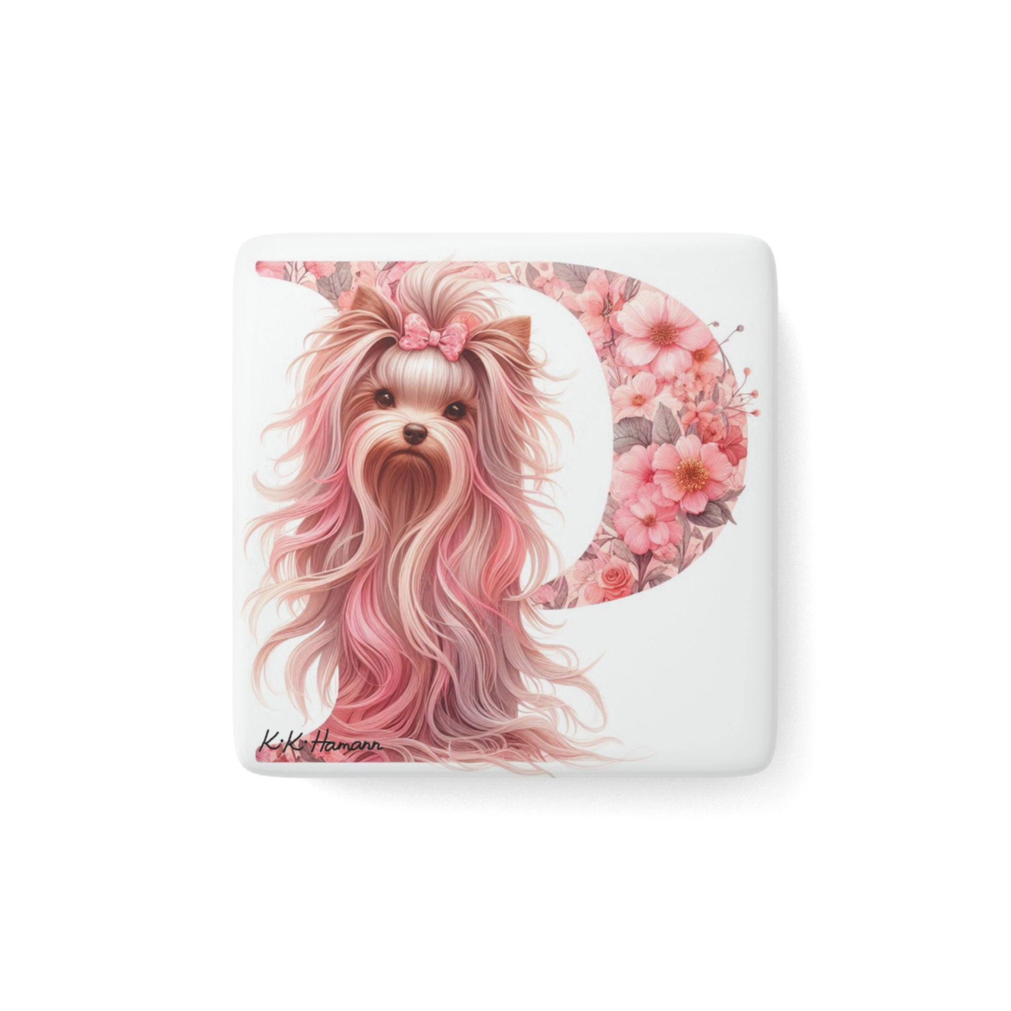Yorkie Letter P-  2" Porcelain Magnet, Square