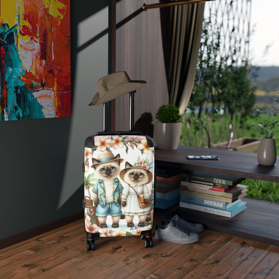 Suitcase with cute Siamese cat illustration, straw hat on handle. Artistic setting with vibrant painting, books, shoes, and lush outdoor view.