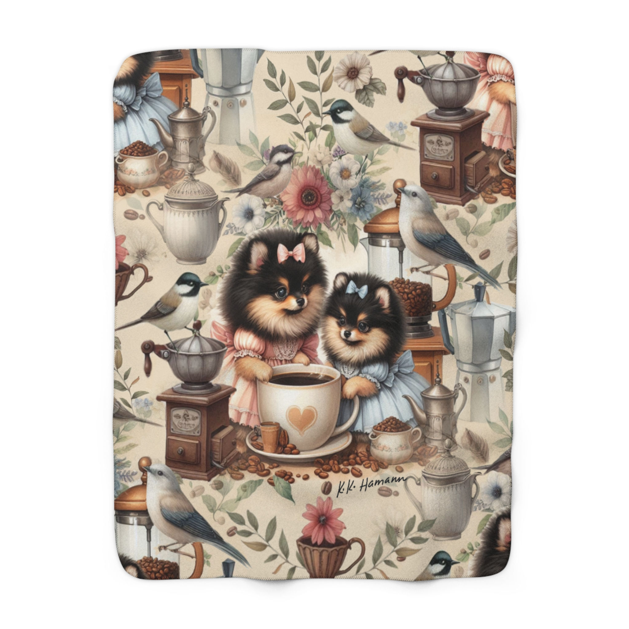 Pomeranians (Black and Tan) "More Coffee , Please!"  -Sherpa Fleece Blanket 