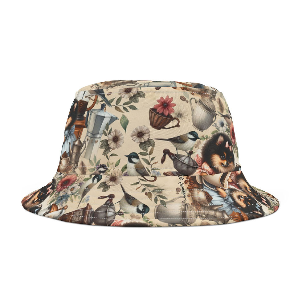 Thumbnail:  Pomeranians (Black and Tan) -  "More Coffee please" Bucket Hat 