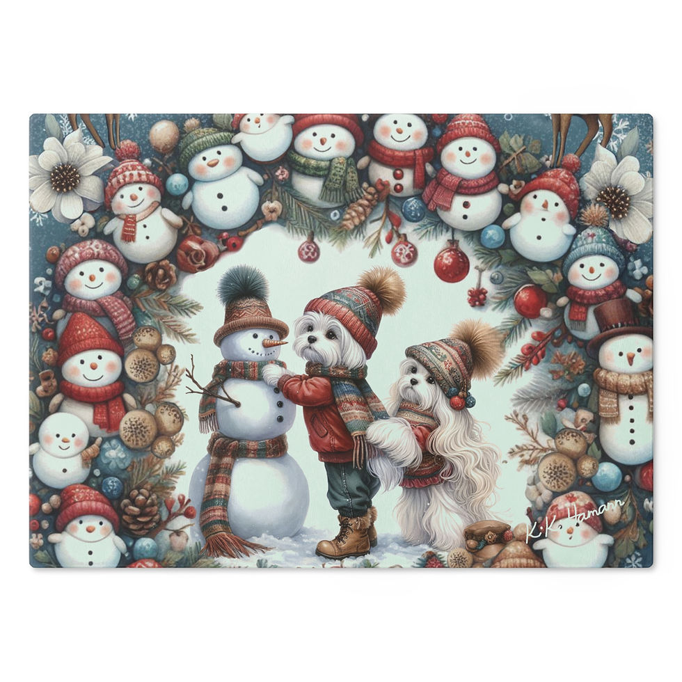 Thumbnail: Maltese Scandi Snowmen Collection Custom Glass Cutting Board, Two Sizes