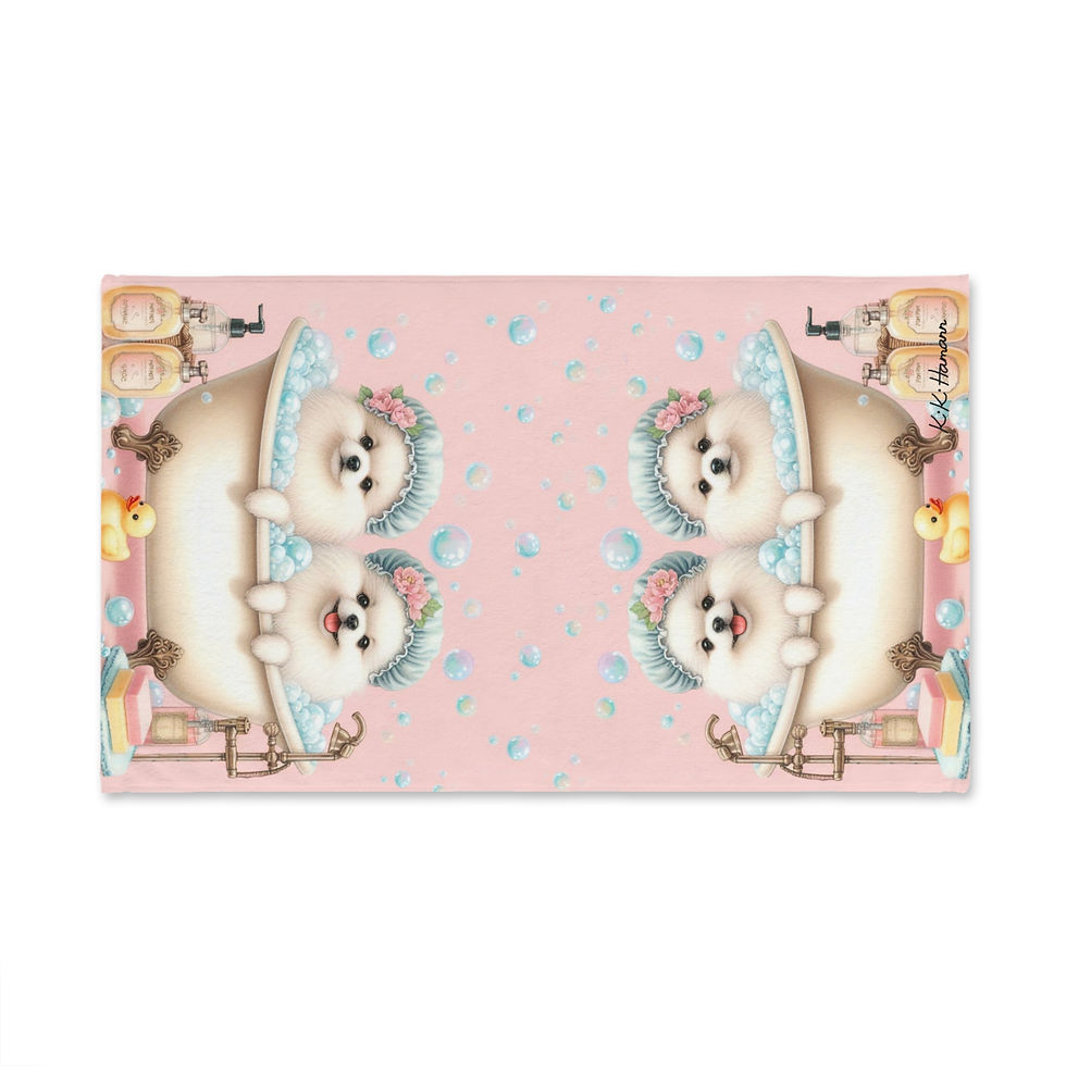 Thumbnail: Pomeranian  "Splish Splash" Hand Towel by Kiki Colors