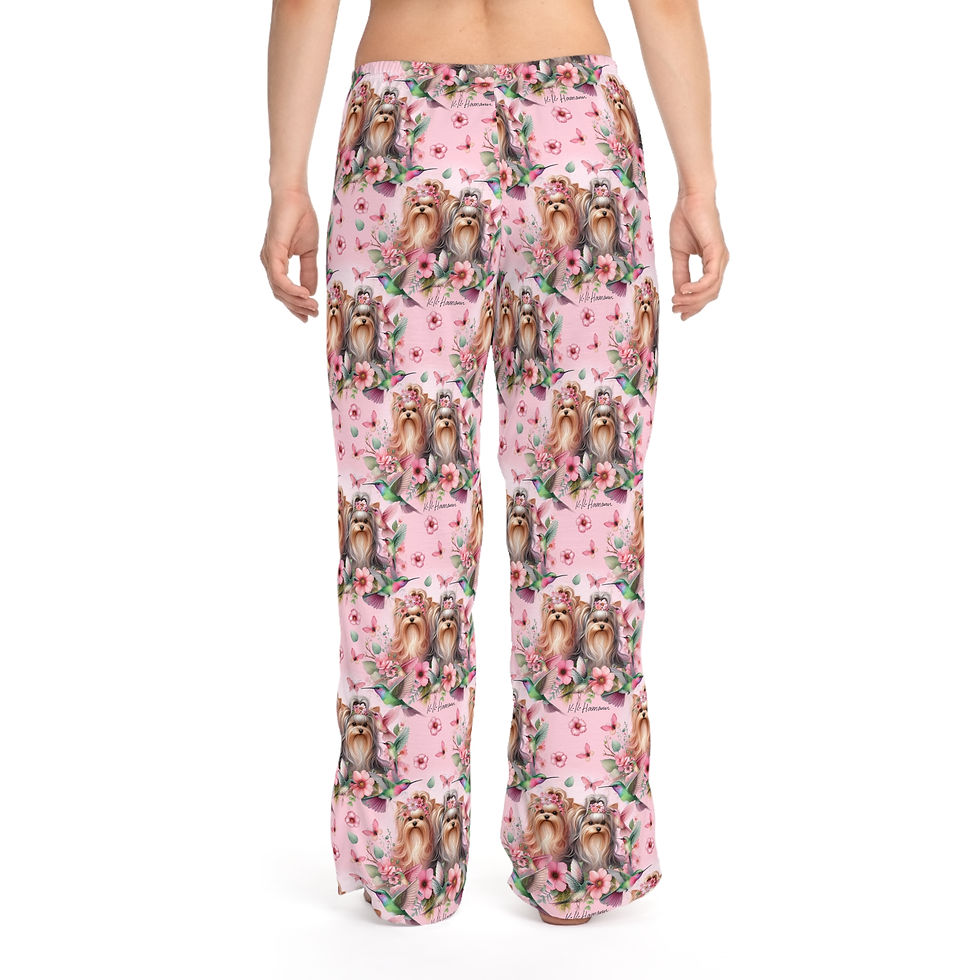 Thumbnail: Yorkie Women's Pajama Pants "Hummingbird and Dogs"