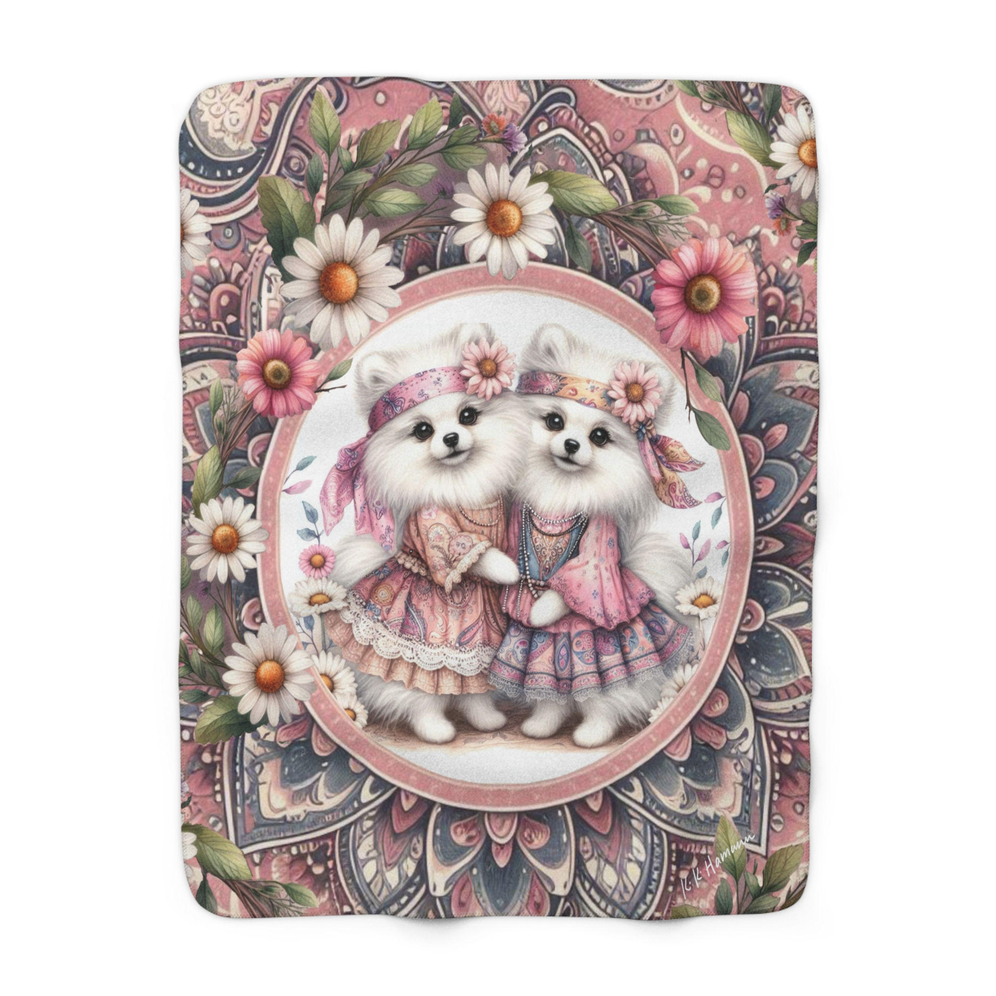 Pomeranian (White)  "Flower Child"  -Sherpa Blanket 