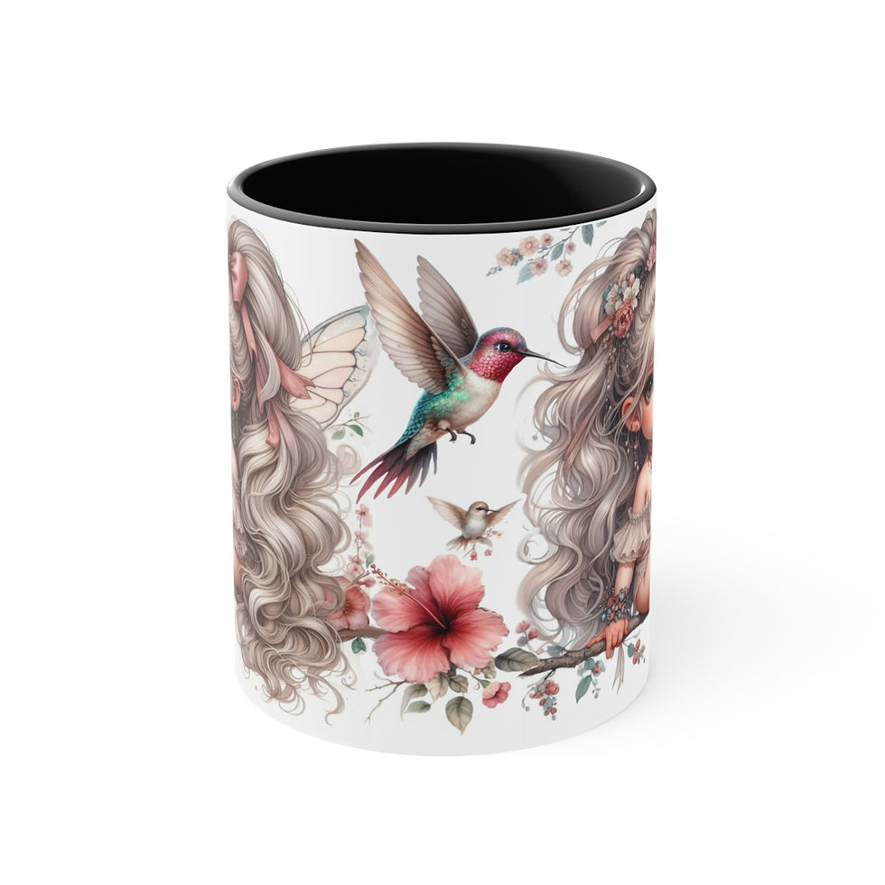 Thumbnail: Red Throated Hummingbird  Fairy   "Birdies and Fairies "  Art Mug 