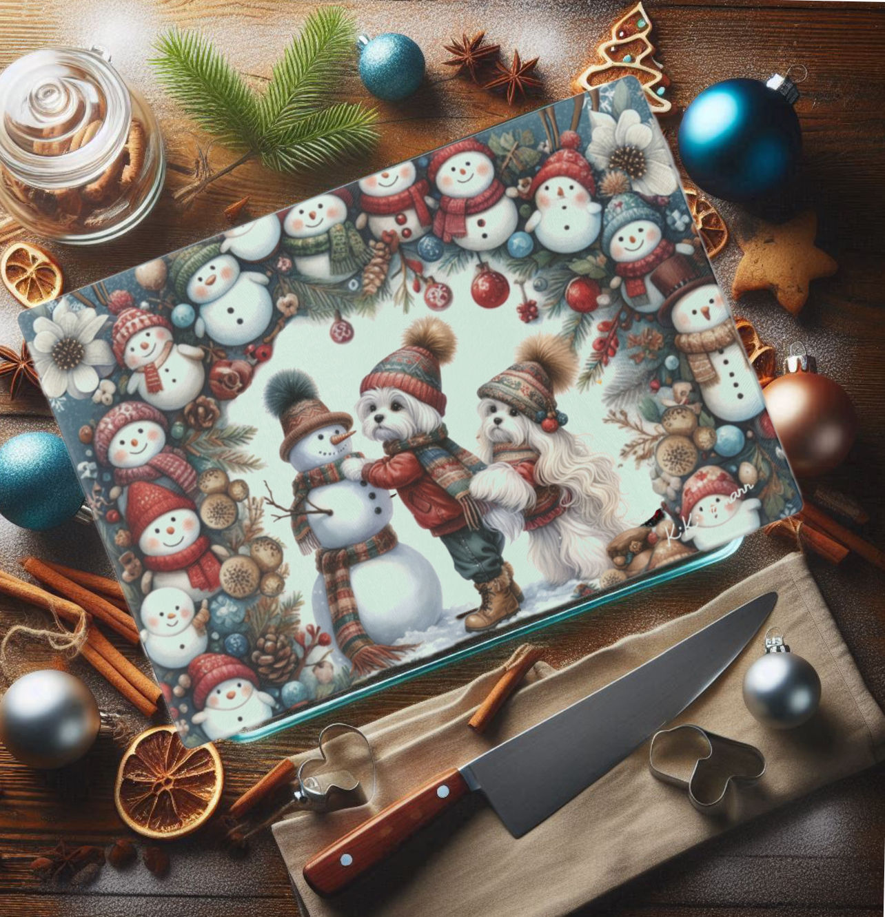 Maltese Scandi Snowmen Collection Custom Glass Cutting Board, Two Sizes