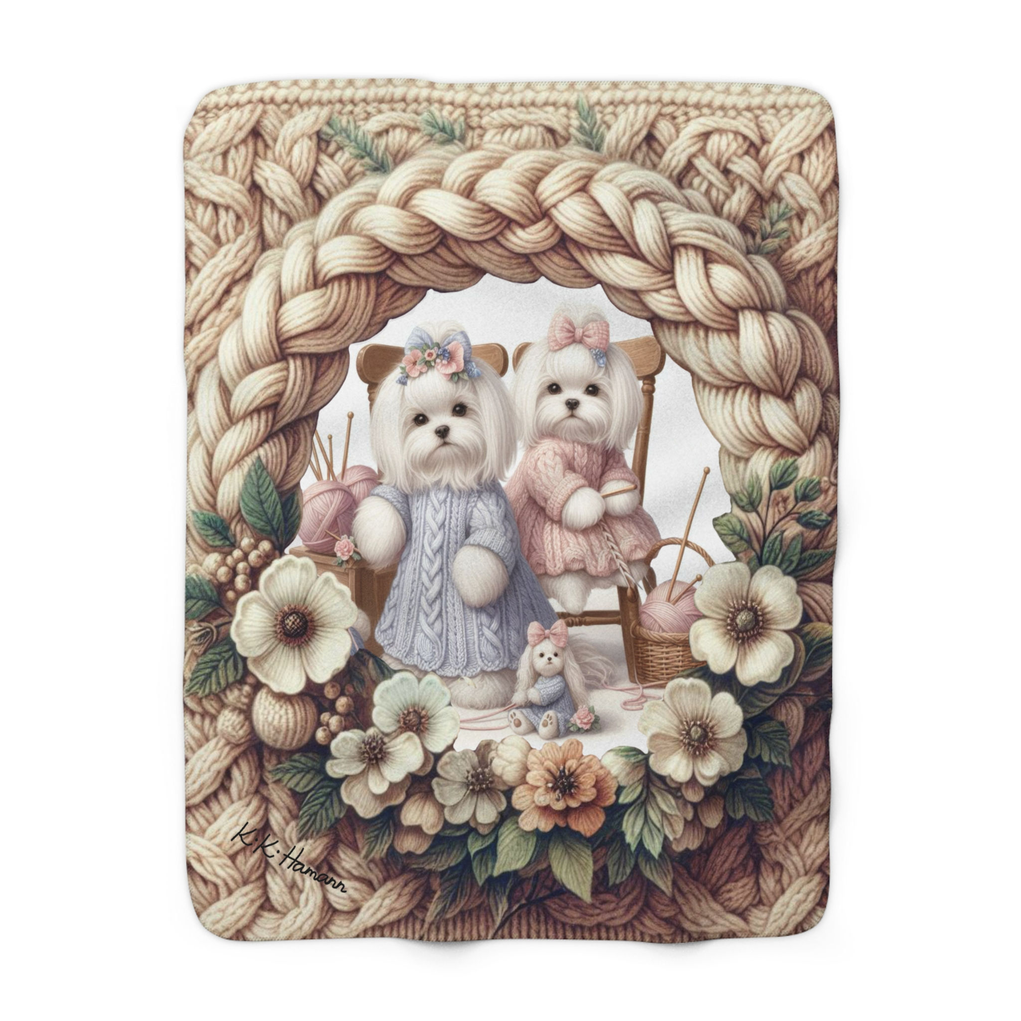 Maltese "Knitting Circle" - Sherpa Blanket Perfect gift for dog lovers