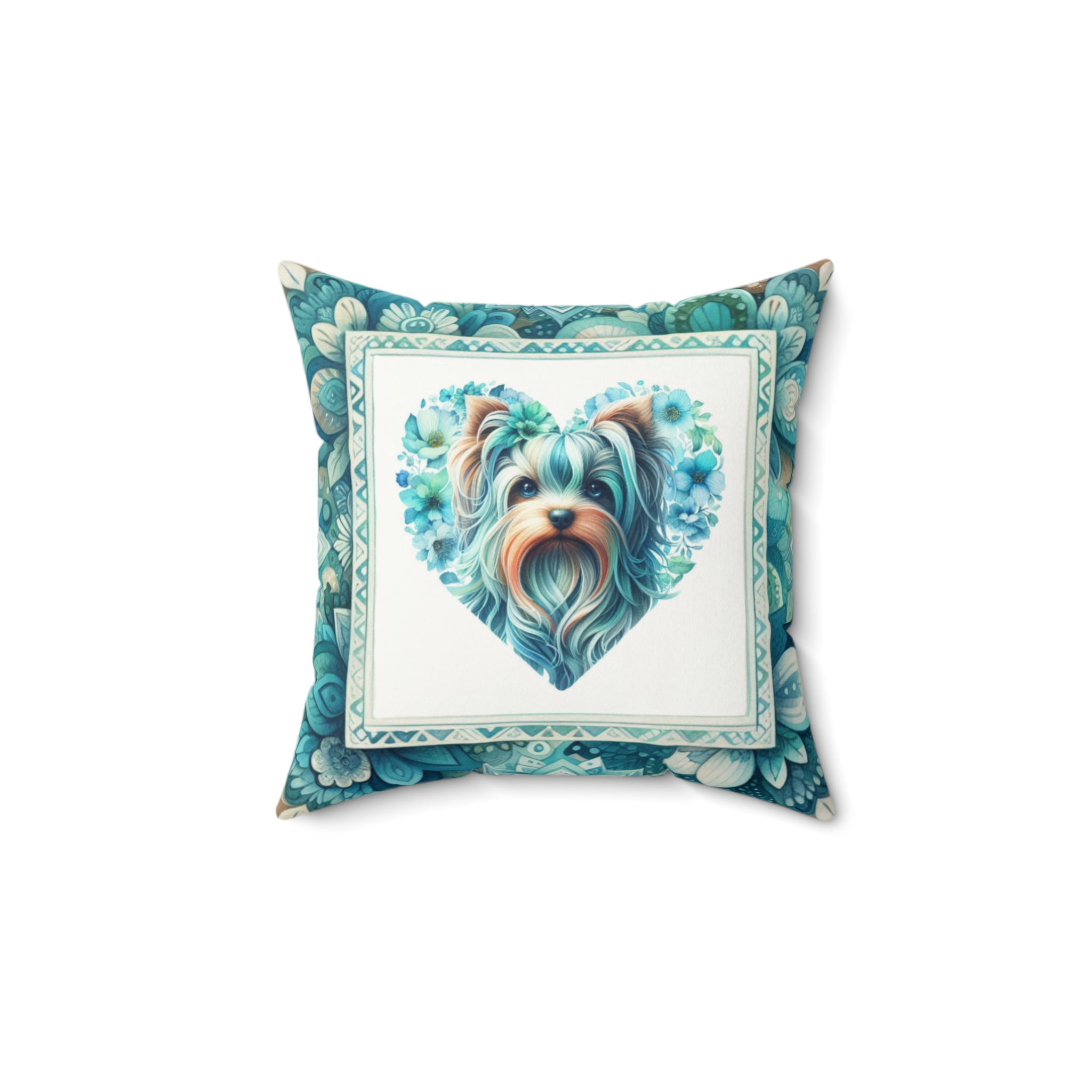 Yorkie  Blue Letter "Heart"  -Faux Suede Square Pillow - 14 x 14"