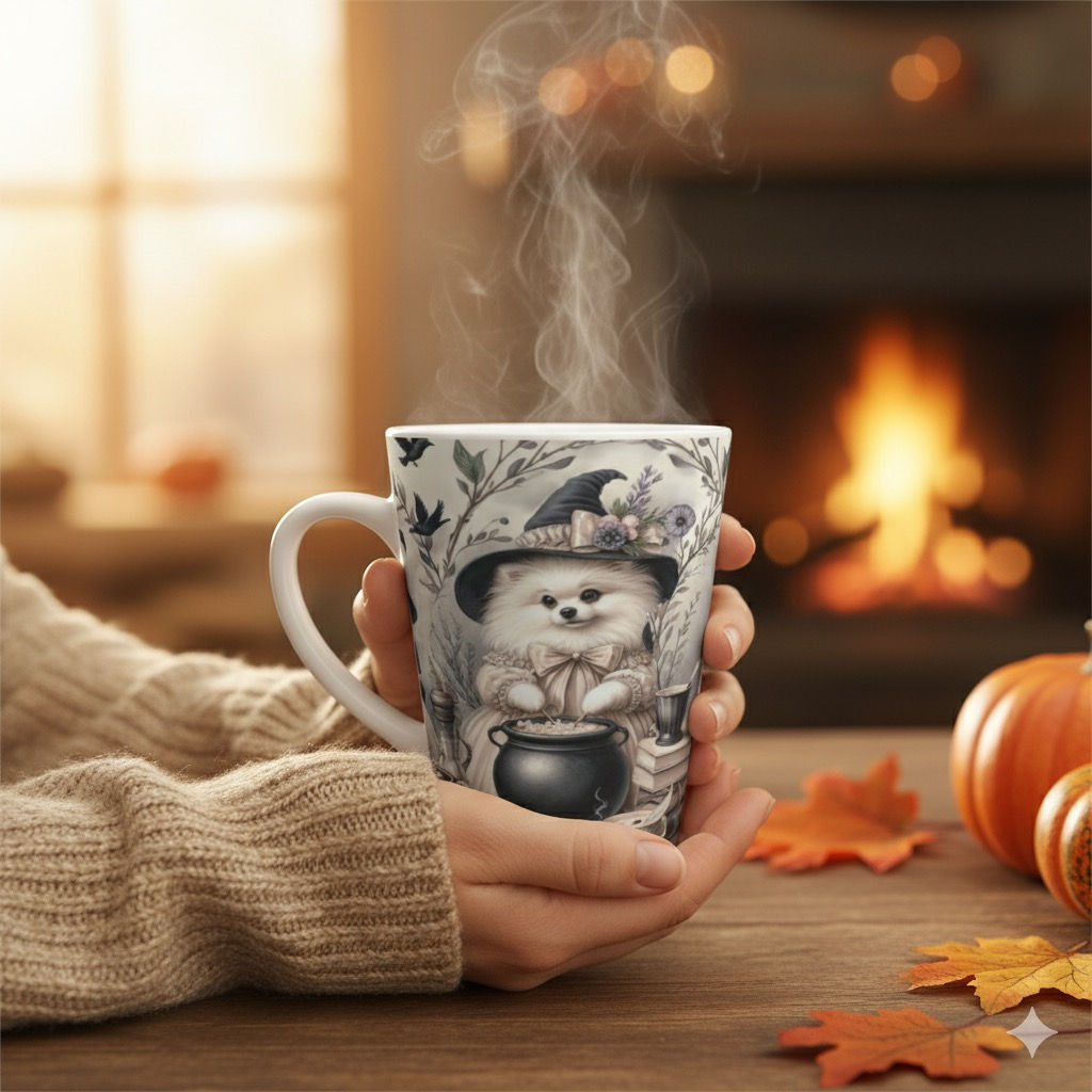 Pomeranian Adorable Witch Latte Mug | Cup