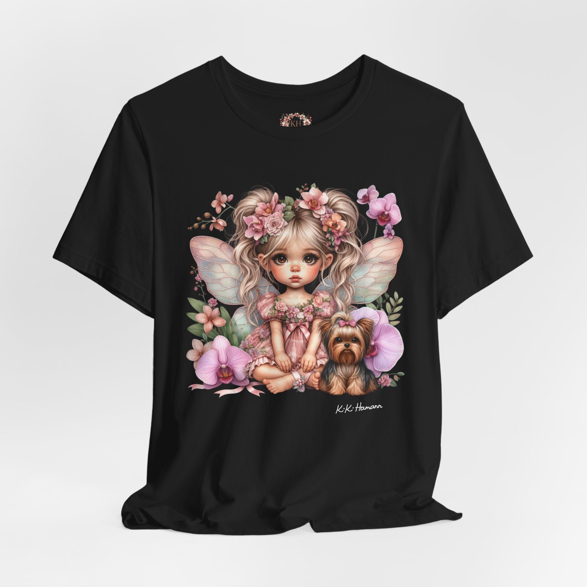 Yorkie and Orchid Fairy, The Little Black Shirt, -"Boyfriend Tshirt  Style"