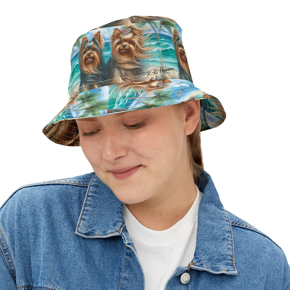 Thumbnail: Yorkies -  "Gone to the Beach" Bucket Hat 