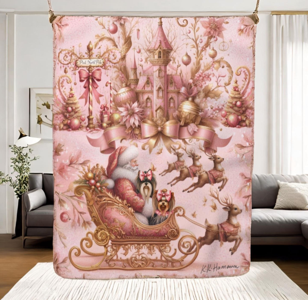 Parti Yorkie / Traditional Yorkie - "Pink North Pole" -Sherpa Blanket
