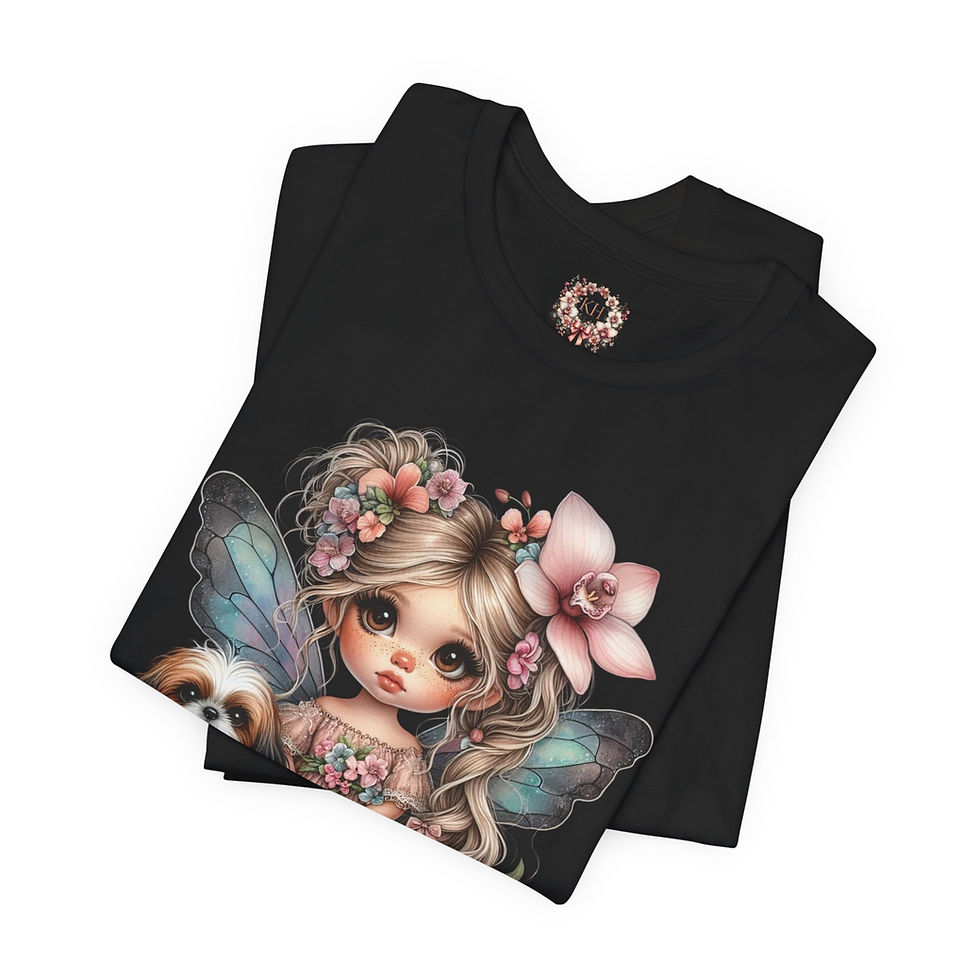 Thumbnail: ShihTzu and Orchid Fairy,  Little Black Shirt, -"Boyfriend Tshirt  Style"