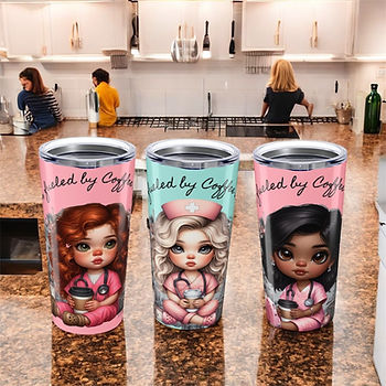 Tumblers with nurse illustrations and "fueled by coffee" text on a marble kitchen counter. People cooking in the background.