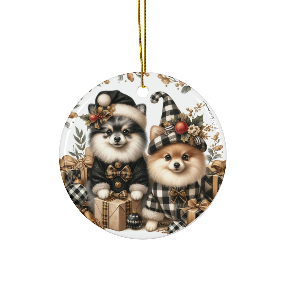 Pomeranian 3 "Farmhouse Elves", ceramic circle ornament