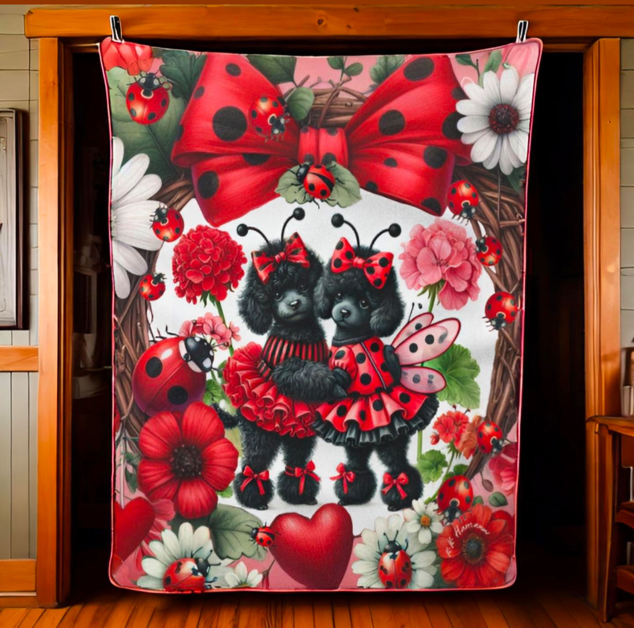 Poodle - "Lady Bugs" -Sherpa Blanket - Super Soft