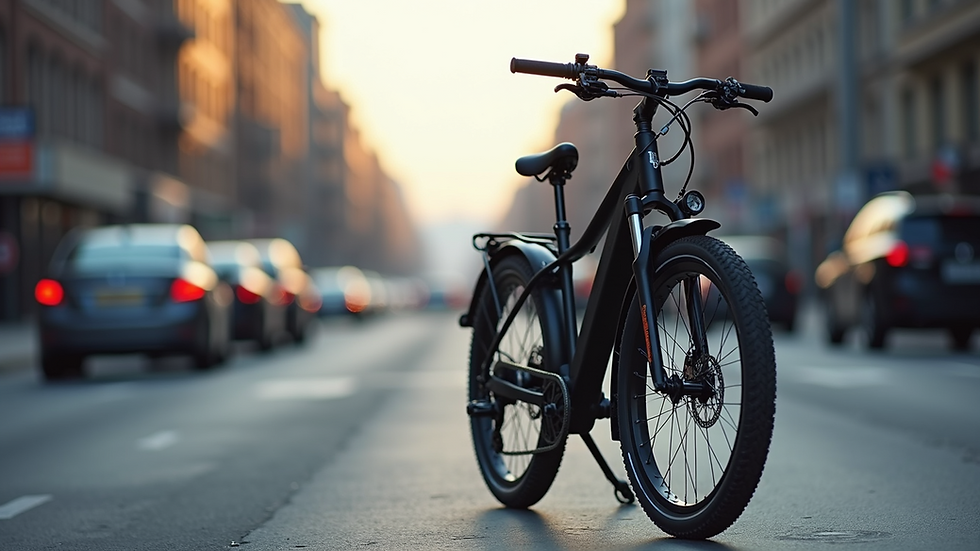Eye-level view of a sleek electric commuter bike parked on a city street