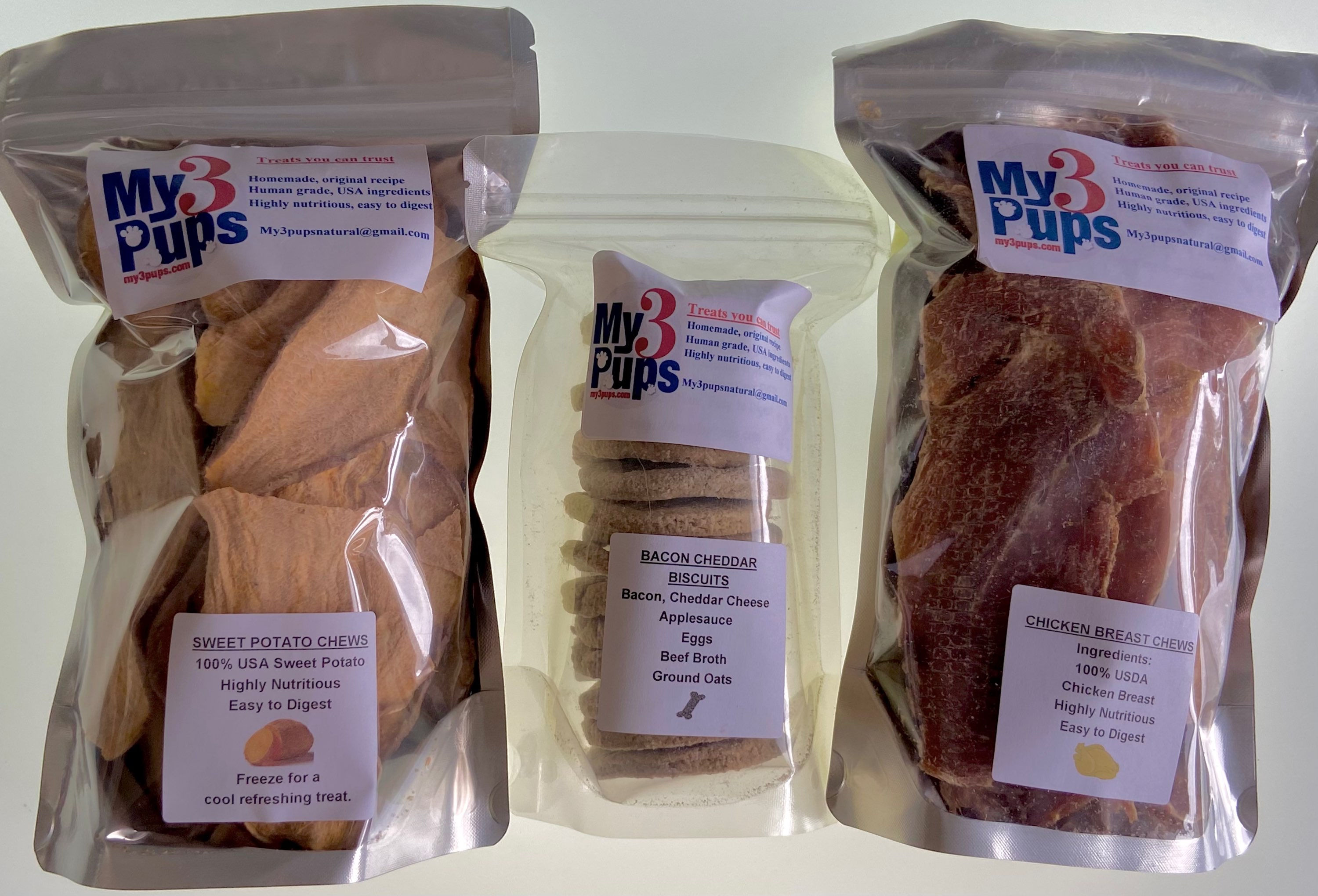 Value Sampler 3 Bags: Sweet Potato Chews, Chicken Chews & Bacon Cheddar Biscuits