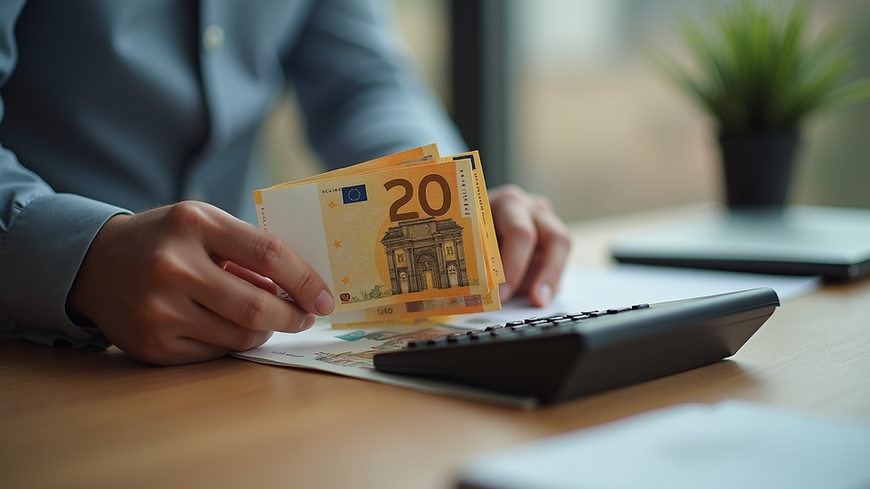Close-up of a hand holding German Euro banknotes and a calculator