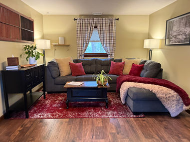 Cozy living room with grey couch and red pillows, wooden floor setting.
