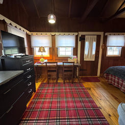 Cozy cabin interior, TV, windows, red plaid rug, Babbling Brook Cottages, home decor.