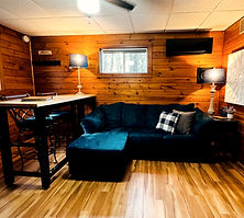 Cozy living room inside Toasted Marshmallow with sofa, dining area, and wood interior.