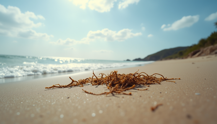 Eye-level view of a sandy beach with scattered seaweed and small waves gently rolling in