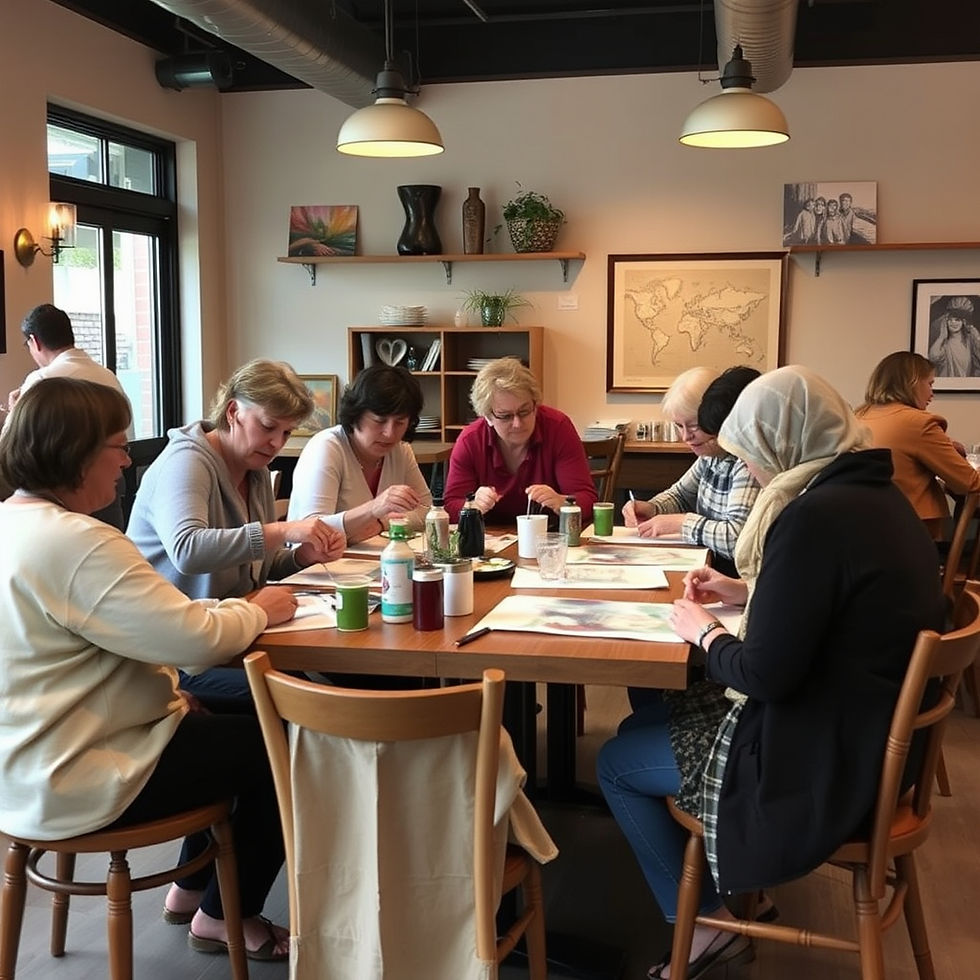 a group of men and women various ages in a cafe like setting doing an art project with in
