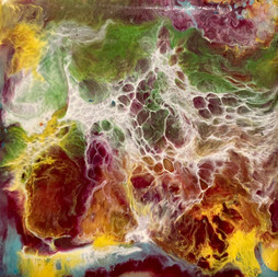 Abstract red, green and yellow with white webbing design