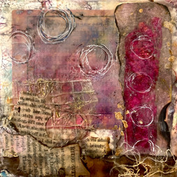 Abstract collaged encaustic art with pink and gold hues