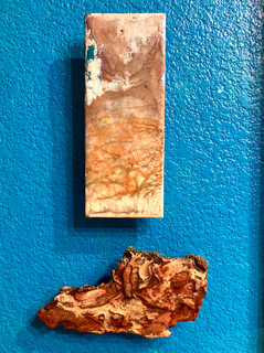 Outdoor lovers and hikers will love this unusual diptych. Painted with encaustic and layered with organic elements. It is also uniquely mounted on museum glass, allowing the wall color to accentuate the artwork.