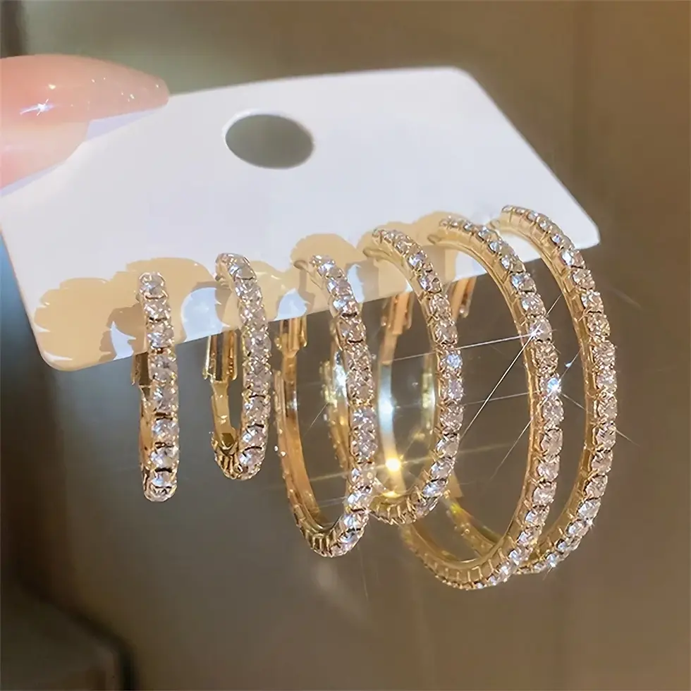 Thumbnail: 1-3 Pairs Set Sparkling Exaggerated Full Paved Rhinestones Round Circle Hoop Ear