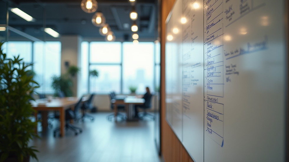 High angle view of an open office space with brainstorming boards.
