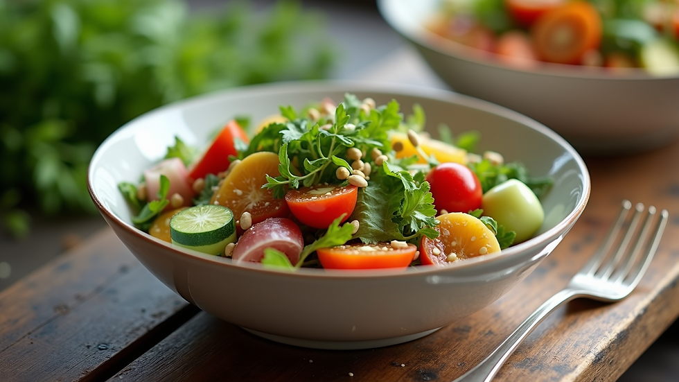 High angle view of a colorful salad bowl