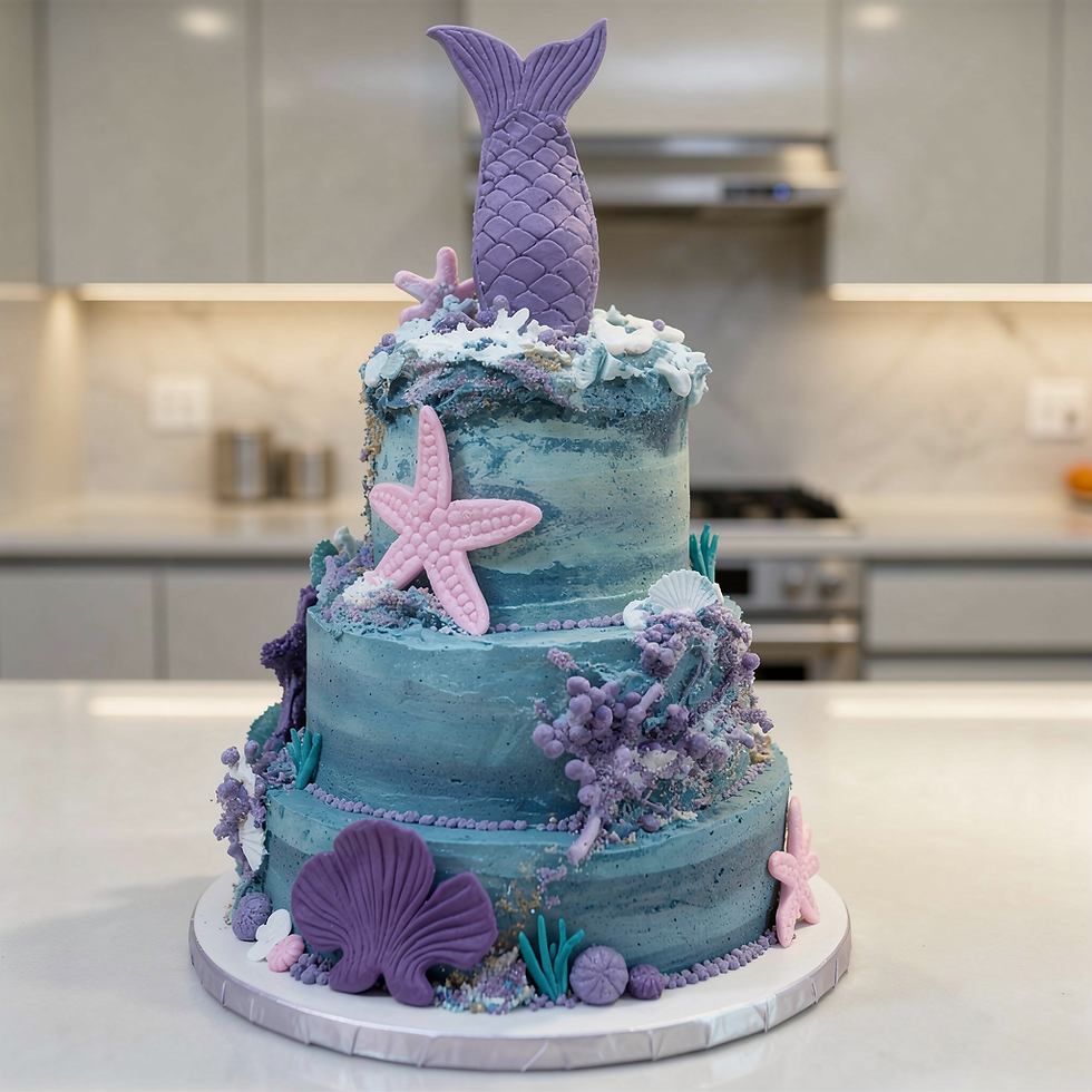 An ocean themed cake with a mermaid on top.