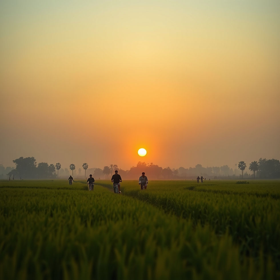Create an image of people cycling through fields during sunset in India.jpg